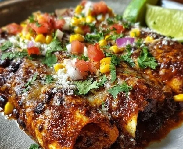 Plate of vegetarian black bean enchiladas topped with cheese and fresh cilantro