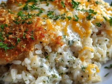 Delicious Angel Chicken and Rice Casserole topped with herbs and cheese
