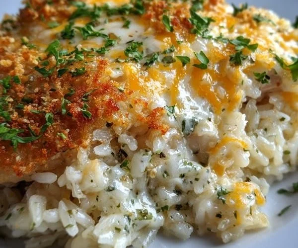 Delicious Angel Chicken and Rice Casserole topped with herbs and cheese