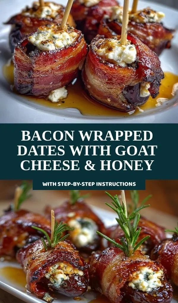 Bacon wrapped dates filled with goat cheese and drizzled with honey on a plate