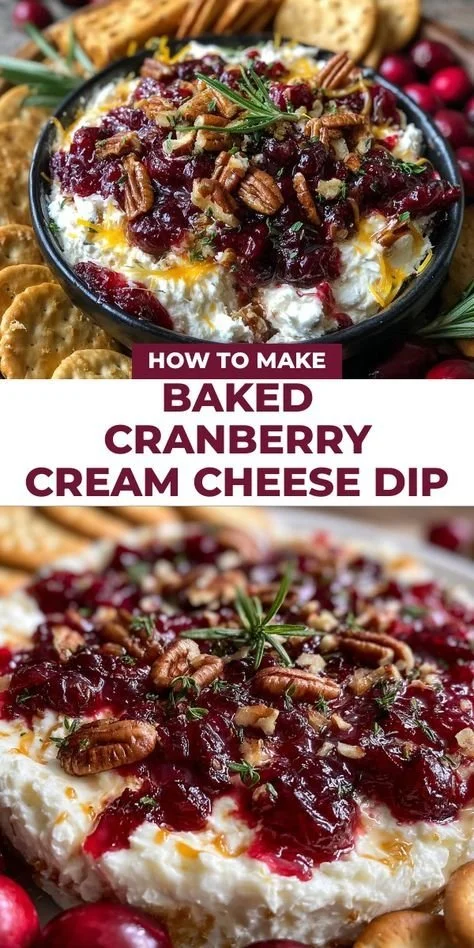 Baked cranberry cream cheese dip served in a dish, ready for dipping.