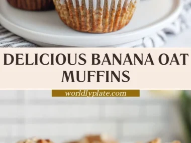 Freshly baked banana oat muffins on a wooden table
