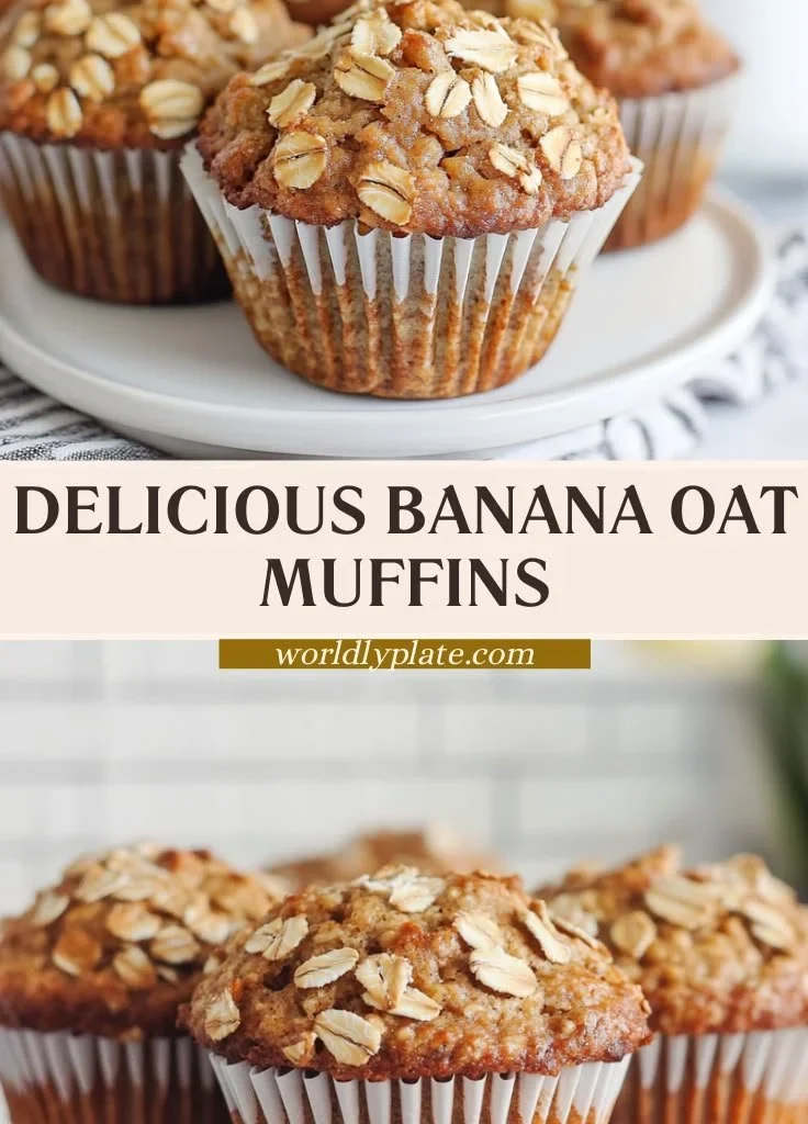 Freshly baked banana oat muffins on a wooden table