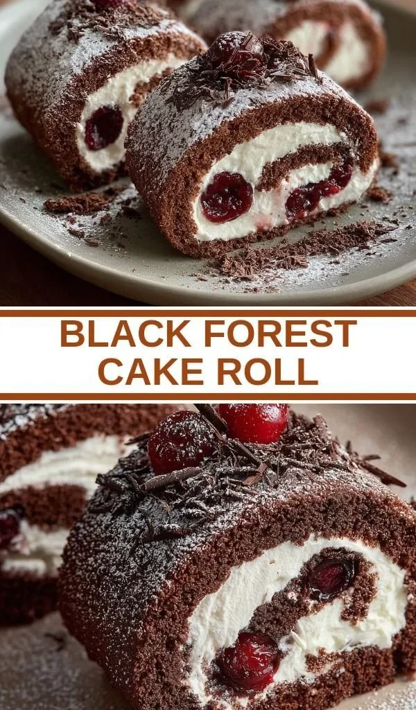 Delicious Black Forest Cake Roll with chocolate, cherries, and cream