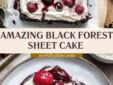 Delicious Black Forest Sheet Cake topped with cherries and whipped cream