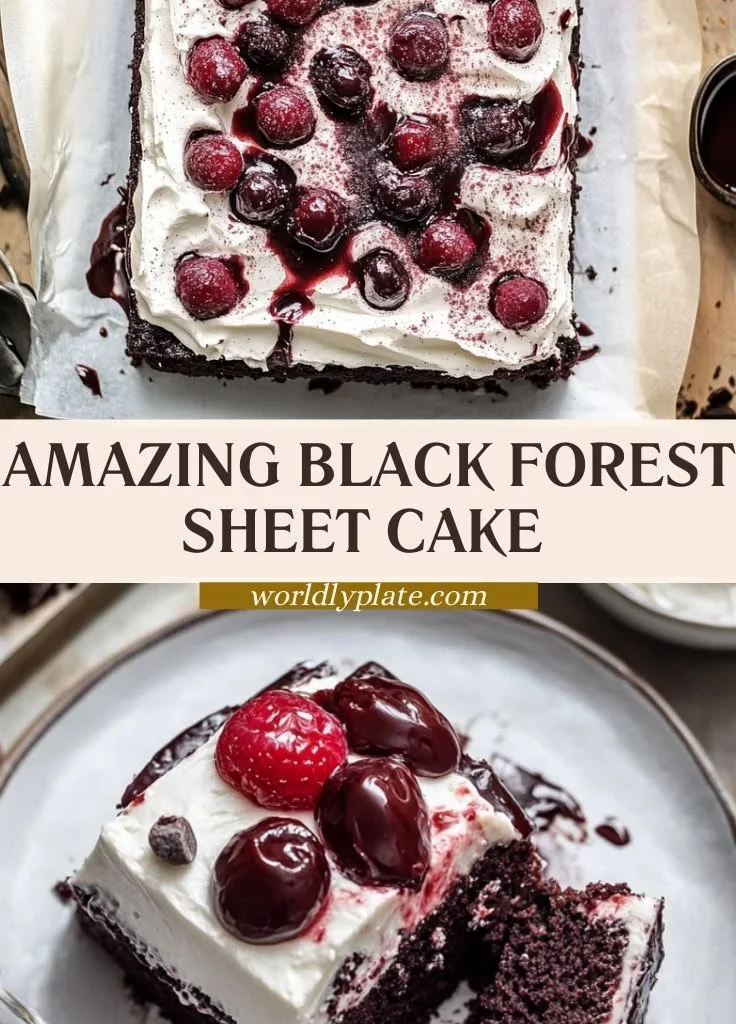 Delicious Black Forest Sheet Cake topped with cherries and whipped cream