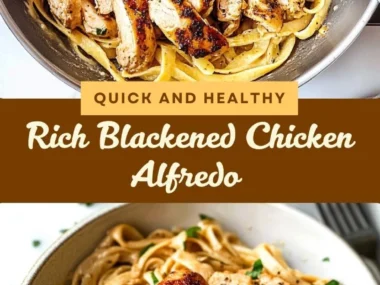 Creamy Blackened Chicken Alfredo served with pasta and garnished with parsley