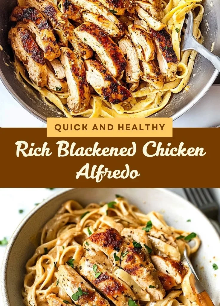 Creamy Blackened Chicken Alfredo served with pasta and garnished with parsley