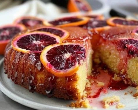Blood Orange & Cardamom Olive Oil Cake served on a plate with fresh oranges