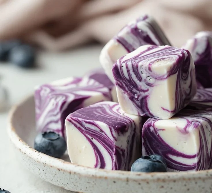 Blueberry swirl yogurt bites with a creamy texture and vibrant blueberry flavor