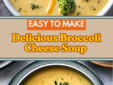 Bowl of creamy Broccoli Cheese Soup garnished with fresh broccoli florets