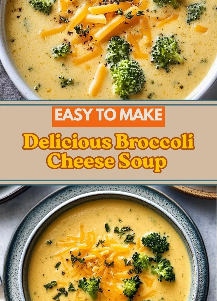Bowl of creamy Broccoli Cheese Soup garnished with fresh broccoli florets