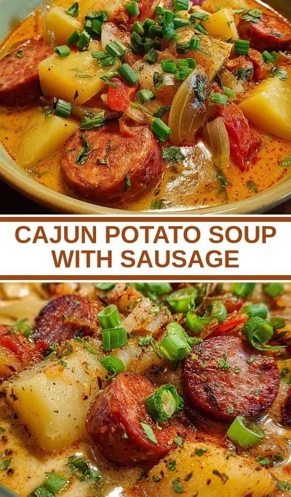 Bowl of Cajun Potato Soup with Sausage garnished with green onions