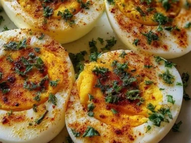 Cajun spiced boiled eggs garnished with herbs and spices