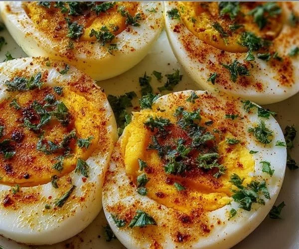 Cajun spiced boiled eggs garnished with herbs and spices