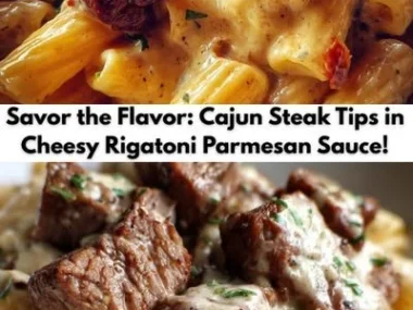 Cajun steak tips served in cheesy rigatoni Parmesan sauce