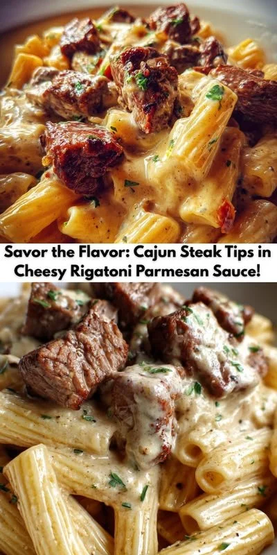 Cajun steak tips served in cheesy rigatoni Parmesan sauce