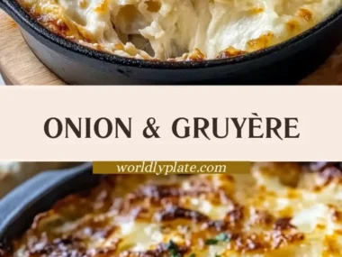 Delicious caramelized onion and Gruyère cheese dish plated beautifully.