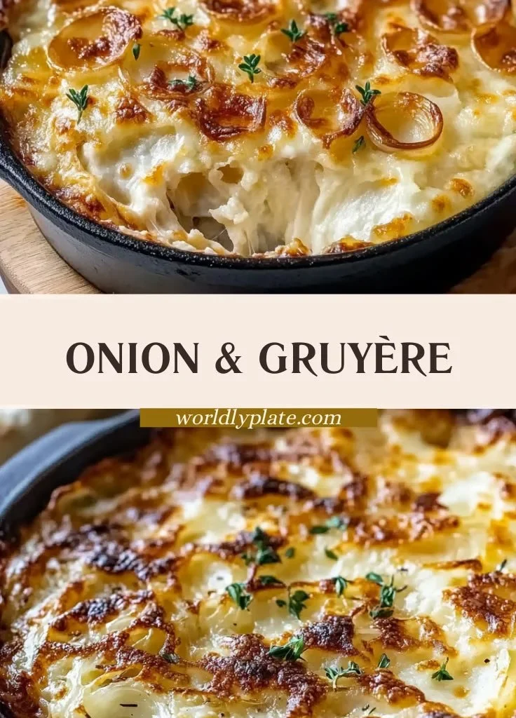 Delicious caramelized onion and Gruyère cheese dish plated beautifully.
