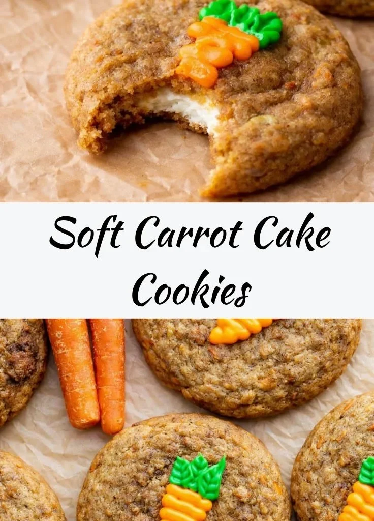 Delicious carrot cake cookies topped with creamy frosting on a plate