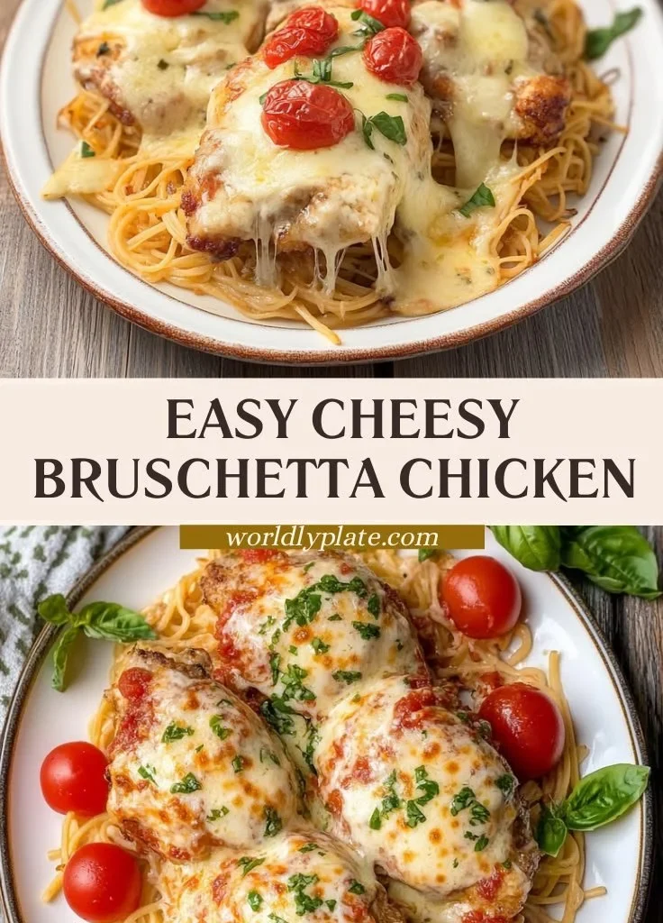 Cheesy Bruschetta Chicken topped with fresh tomatoes and melted cheese