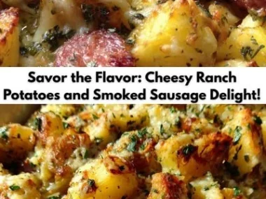 Delicious Cheesy Ranch Potatoes paired with smoked sausage on a plate