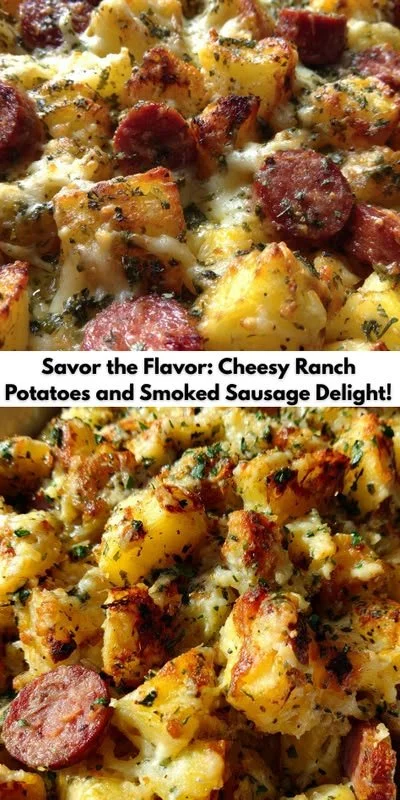 Delicious Cheesy Ranch Potatoes paired with smoked sausage on a plate