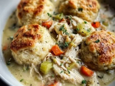 Delicious bowl of chicken and dumplings served with herbs