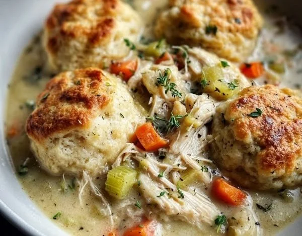 Delicious bowl of chicken and dumplings served with herbs
