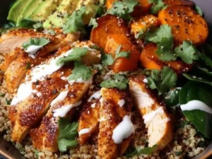 Healthy Chicken and Sweet Potato Nourishing Bowl filled with fresh ingredients