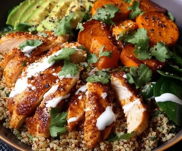 Healthy Chicken and Sweet Potato Nourishing Bowl filled with fresh ingredients