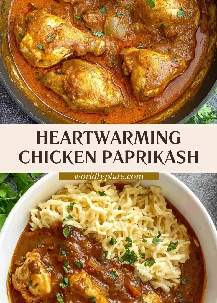 Delicious Chicken Paprikash served with creamy sauce and paprika garnish