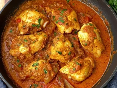 Delicious Chicken Paprikash served with creamy sauce and garnished with parsley.