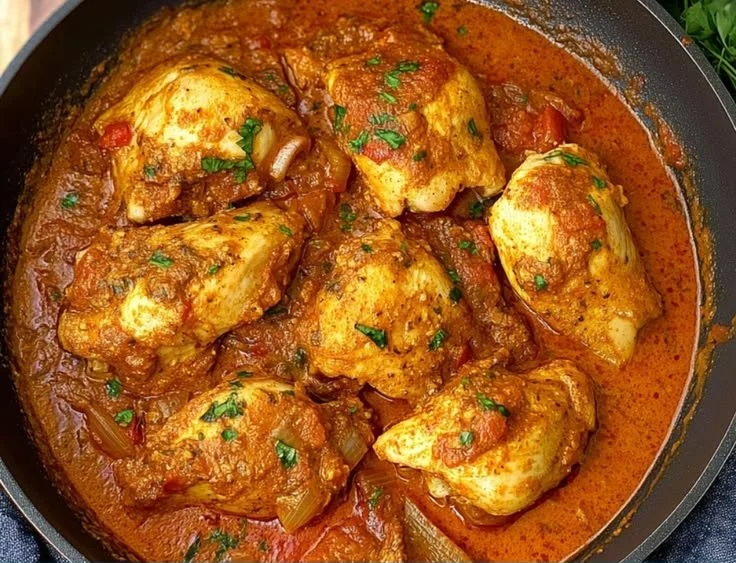 Delicious Chicken Paprikash served with creamy sauce and garnished with parsley.