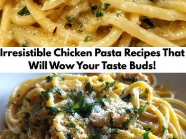 Creamy chicken pasta dish garnished with herbs and colorful vegetables.