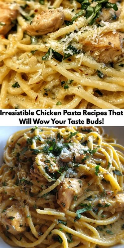 Creamy chicken pasta dish garnished with herbs and colorful vegetables.