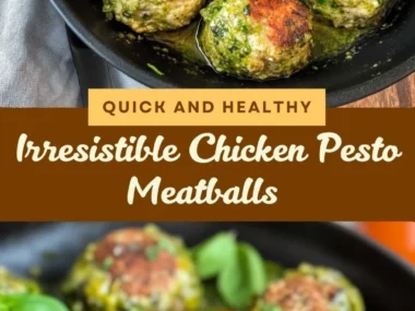 Plate of Chicken Pesto Meatballs garnished with basil and served with spaghetti.