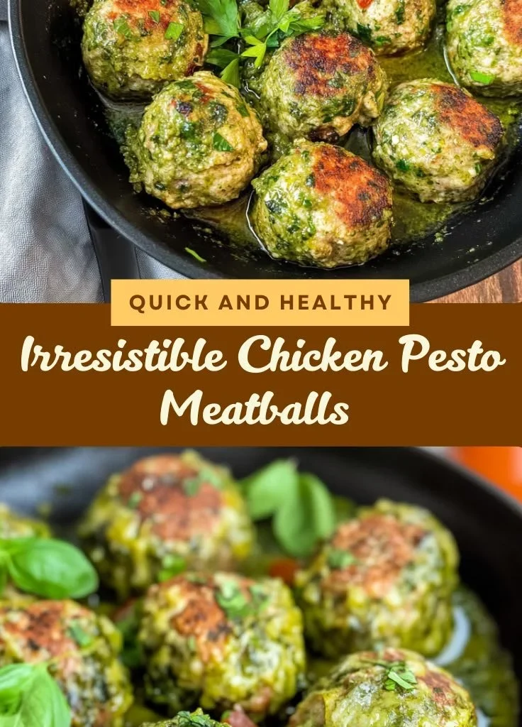 Plate of Chicken Pesto Meatballs garnished with basil and served with spaghetti.