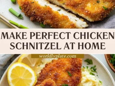 Golden brown Chicken Schnitzel served with a side of lemon and fresh greens.