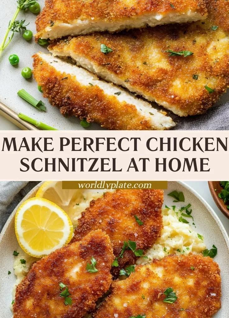 Golden brown Chicken Schnitzel served with a side of lemon and fresh greens.