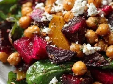 Chickpea Beet Salad with feta, showcasing vibrant colors and healthy ingredients.