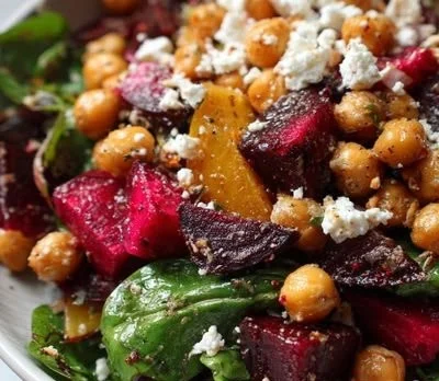 Chickpea Beet Salad with feta, showcasing vibrant colors and healthy ingredients.
