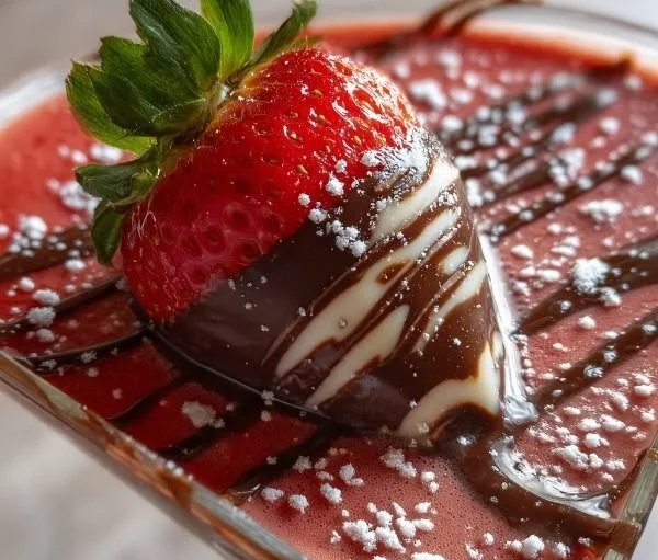 Delicious Chocolate Covered Strawberry Martini ready to be enjoyed.