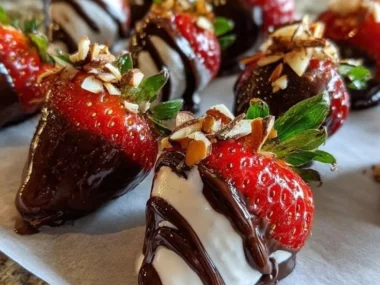Delicious chocolate-dipped strawberries topped with Greek yogurt