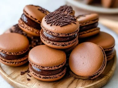 Delicious chocolate macarons displayed on a beautiful plate