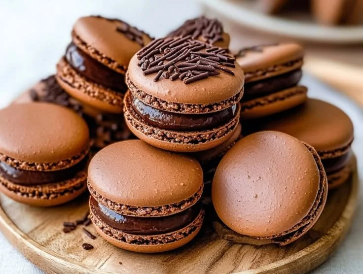 Delicious chocolate macarons displayed on a beautiful plate