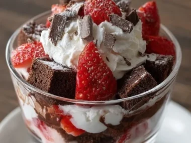 Delicious Chocolate Strawberry Parfaits in elegant glasses layered with fruit and chocolate