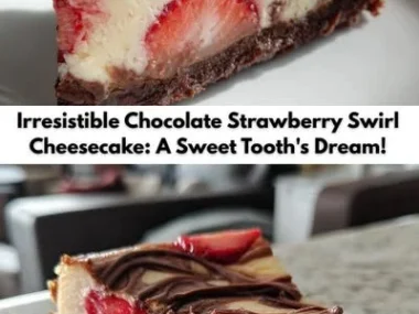 Slice of Chocolate Strawberry Swirl Cheesecake topped with fresh strawberries