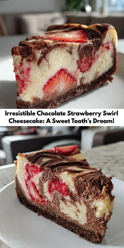 Slice of Chocolate Strawberry Swirl Cheesecake topped with fresh strawberries