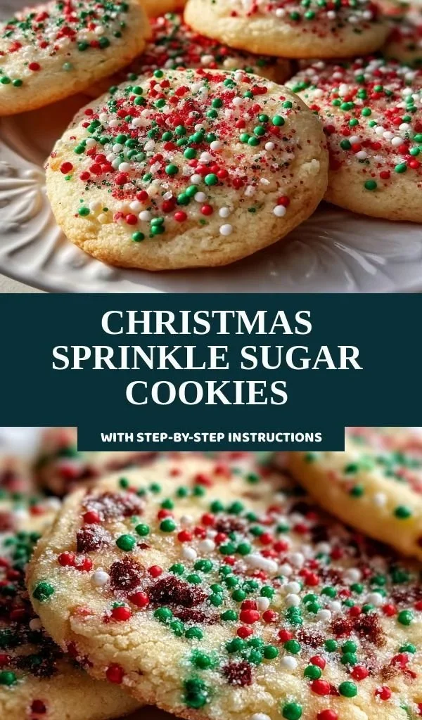Plate of colorful Christmas Sprinkle Sugar Cookies with festive decorations.